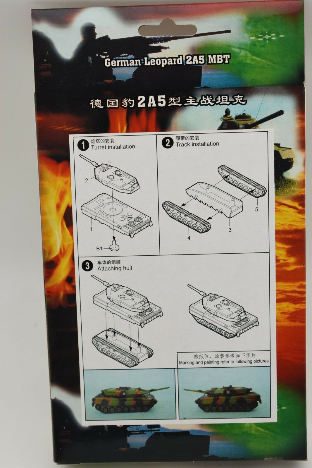 Assembly guide for German Leopard 2A5 MBT model kit, showing numbered steps for MiniHobby 82106