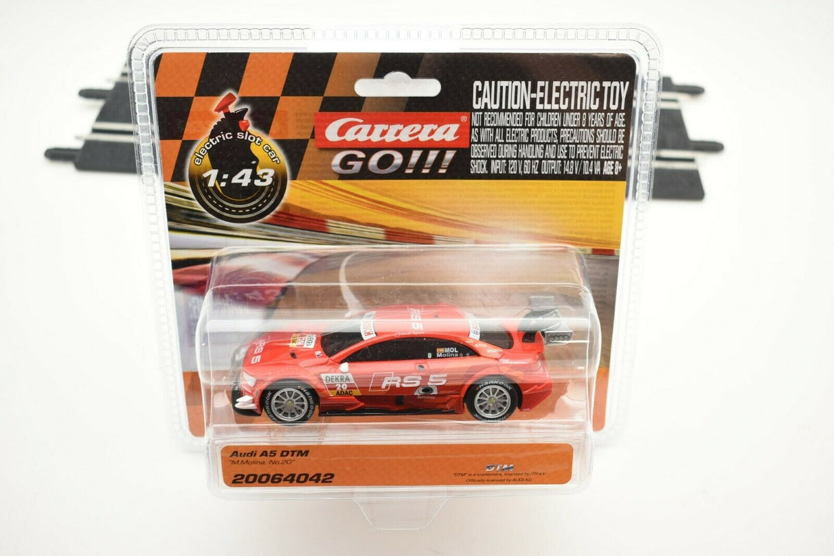 Red slot car toy, Audi A5 DTM, in clear plastic packaging for Carrera Go 20064042