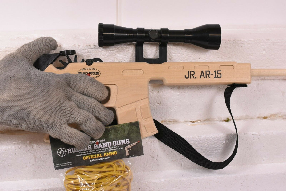 Rubber band rifle with scope, sling, and yellow ammo for Magnum Rubber Band Guns GL2JRAR15SS