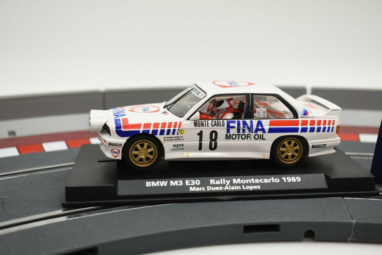 Slot car BMW M3 E30 rally car from the 1989 Monte Carlo race for Fly Car 88204