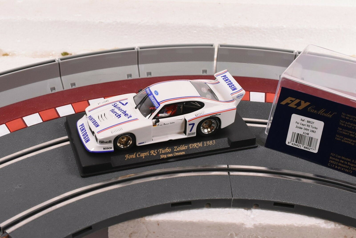 Model car of a 1983 Ford Capri RS Turbo race car on a track for Fly Car 88027