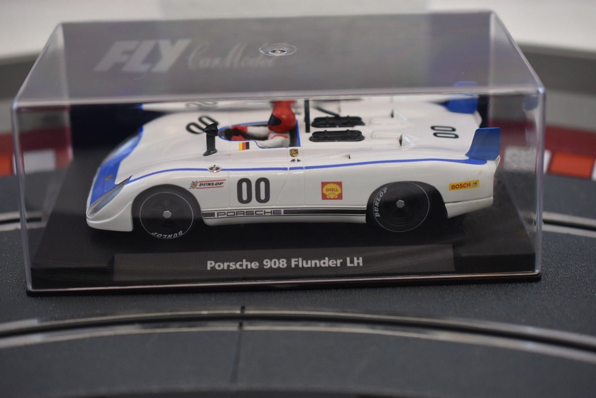White Porsche 908 Flunder LH race car model in clear display case for Fly Car 88121