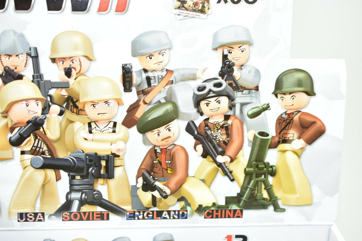 WWII minifigures representing USA, Soviet, England, and China soldiers for Sluban M38-B0580