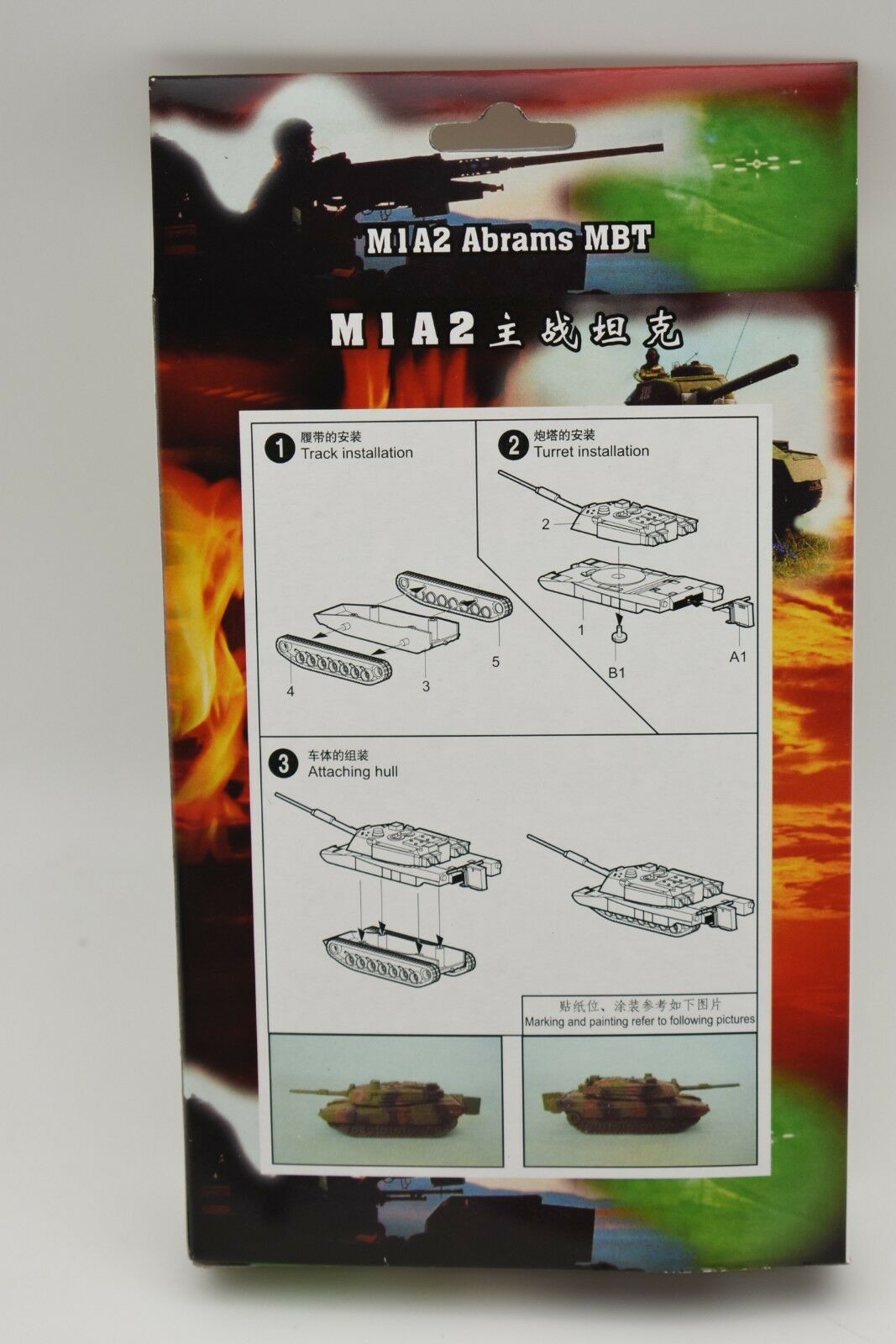 Assembly guide for M1A2 Abrams tank model, showing steps for track, turret, and hull attachment for MiniHobby 82112