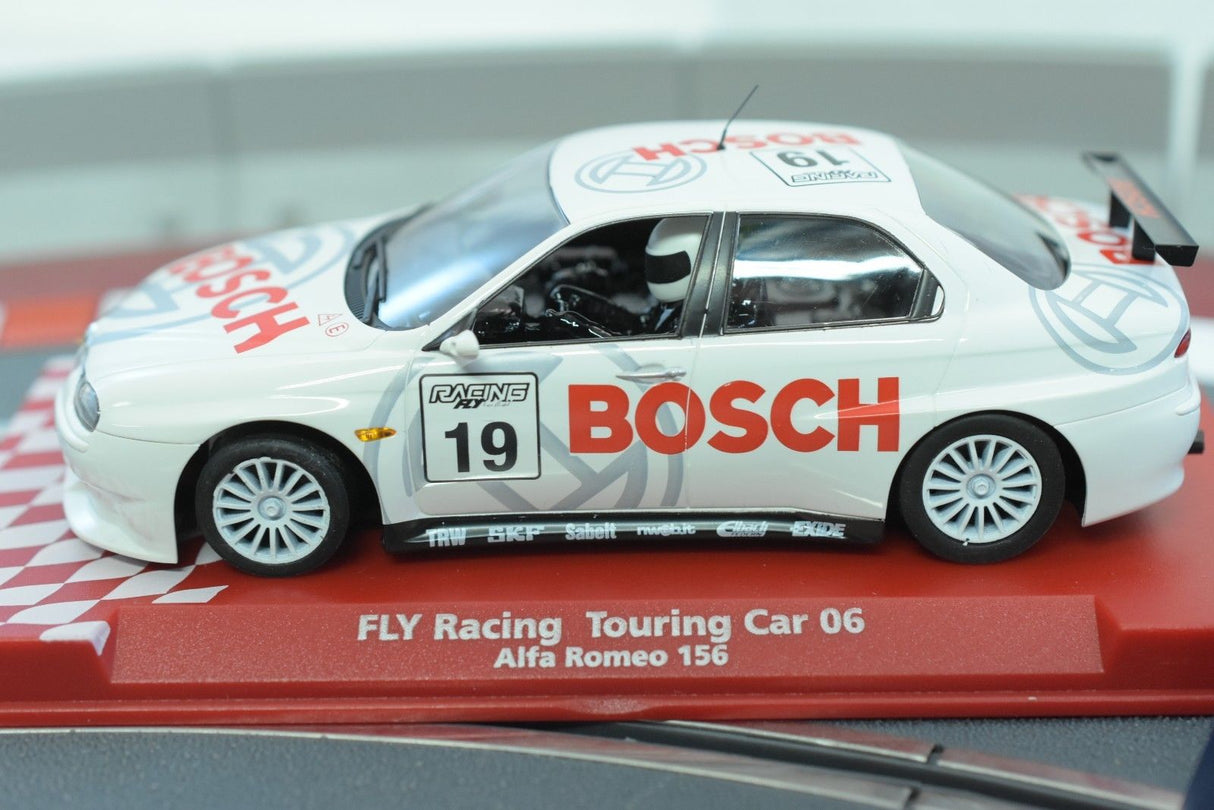 White slot car of an Alfa Romeo 156 race car with "BOSCH" sponsorship for Fly Car 88244