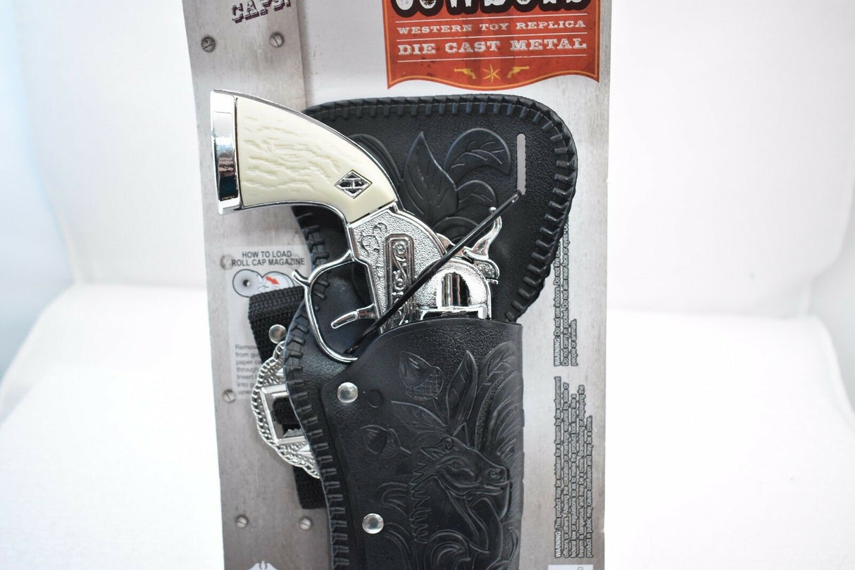 Silver toy pistol in black leather holster with western detail for Parris Toys 5502