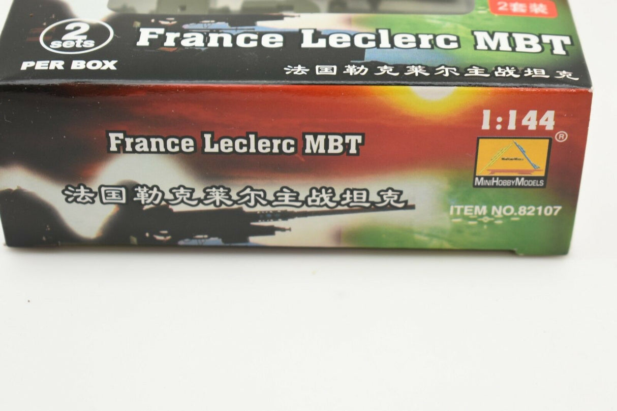 Model kit box art for France Leclerc MBT tank, scale 1:144 for MiniHobby 82107