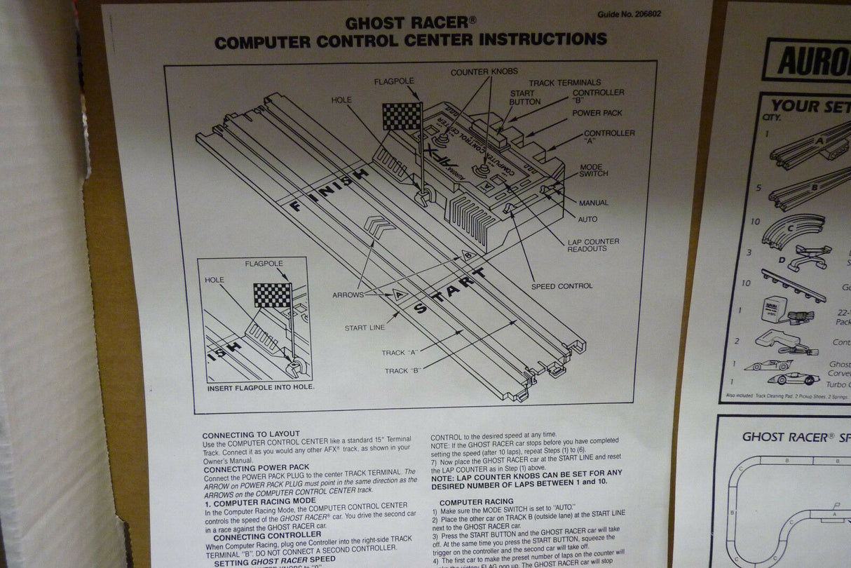 Diagram showing race set assembly and operation instructions for Aurora Tomy AFX Vintage 8607M