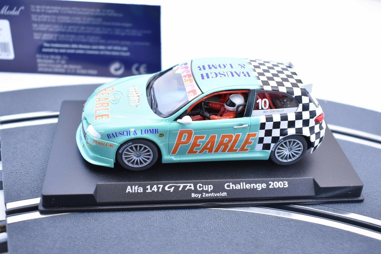 Slot car of a teal Alfa 147 GTA Cup race car for Fly Car 88112