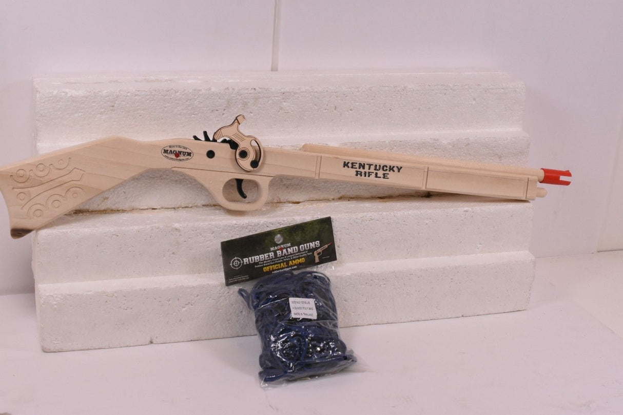 Two rubber band guns and ammo displayed on a white surface for Magnum Rubber Band Guns GL2KR