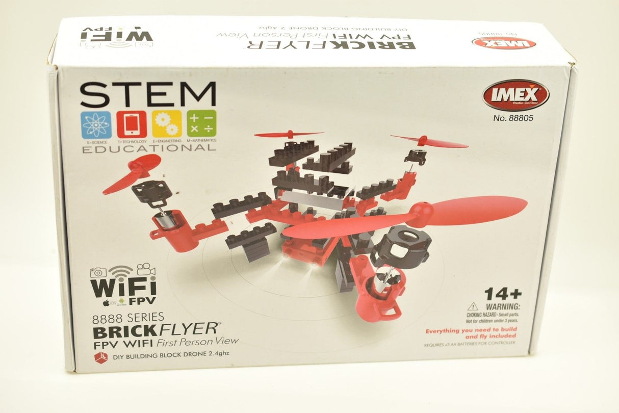 DIY building block quadcopter kit box, showing assembled drone model for IMEX 88805