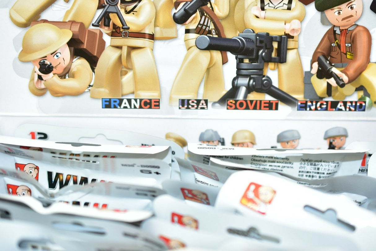 WWII minifigures display: French, US, Soviet, and English soldiers for Sluban M38-B0580