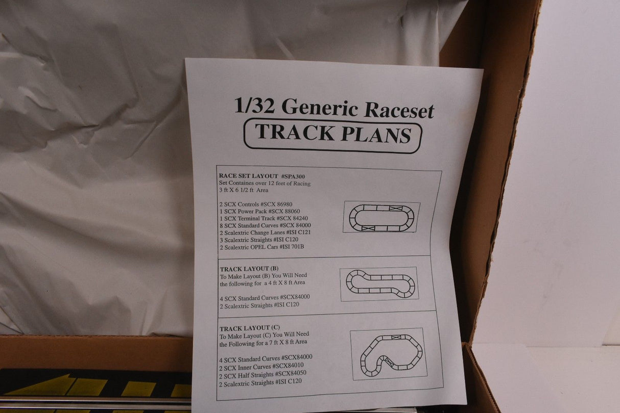 Track plans for 1/32 scale generic raceset track layouts for SCX/Scalextric SPA300