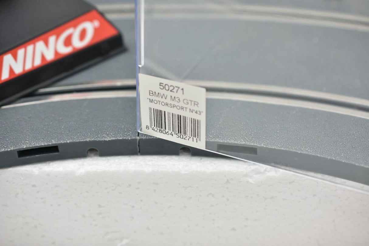 Product label showing 50271 for a BMW M3 GTR slot car for REH Ninco