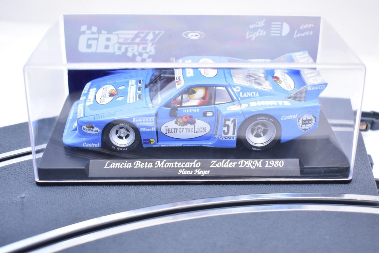 Blue Lancia Beta Montecarlo race car model from 1980 for Fly Car GB35L, front view