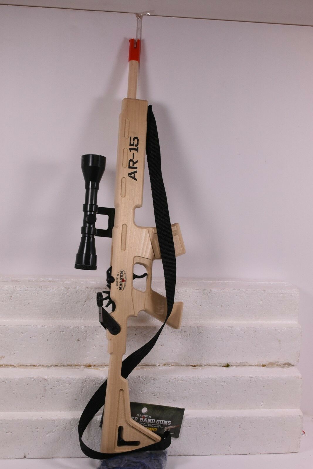 Wooden AR-15 replica rifle with scope and black sling for Magnum Rubber Band Guns GL2AR15SS