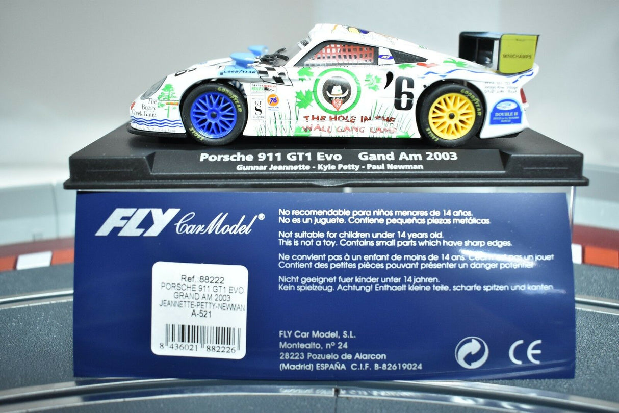 Slot car of a 2003 Porsche 911 GT1 Evo race car for Fly Car 88222, rear view