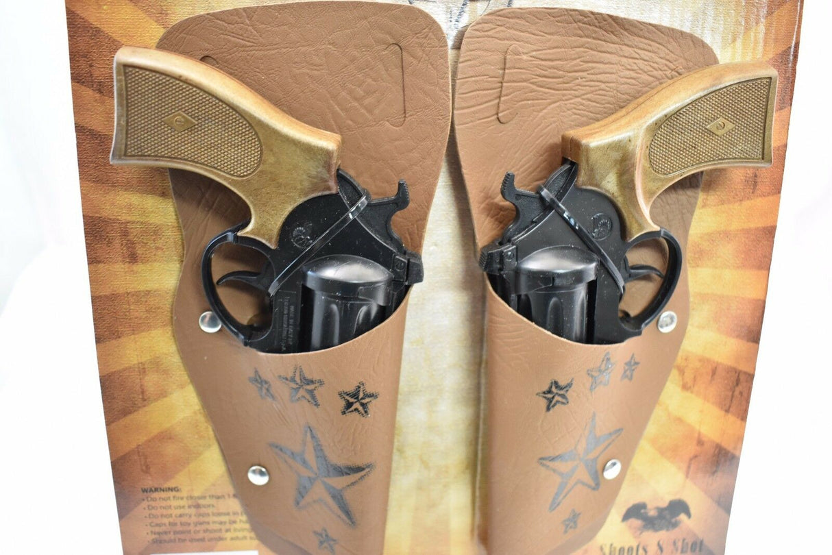 Brown leather holster set with two toy revolvers for display for Parris Toys 4632C