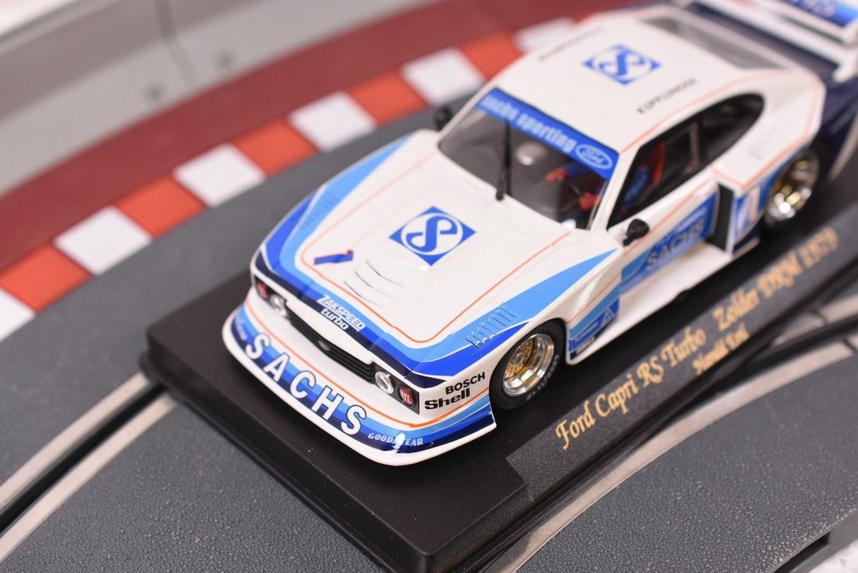 White and blue slot car of a 1979 Ford Capri RS Turbo for Fly Car A141L