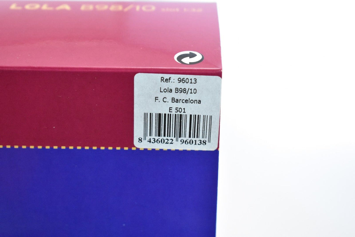 Product box showing Lola B98/10 for F. C. Barcelona, model number 96013 for Fly Car