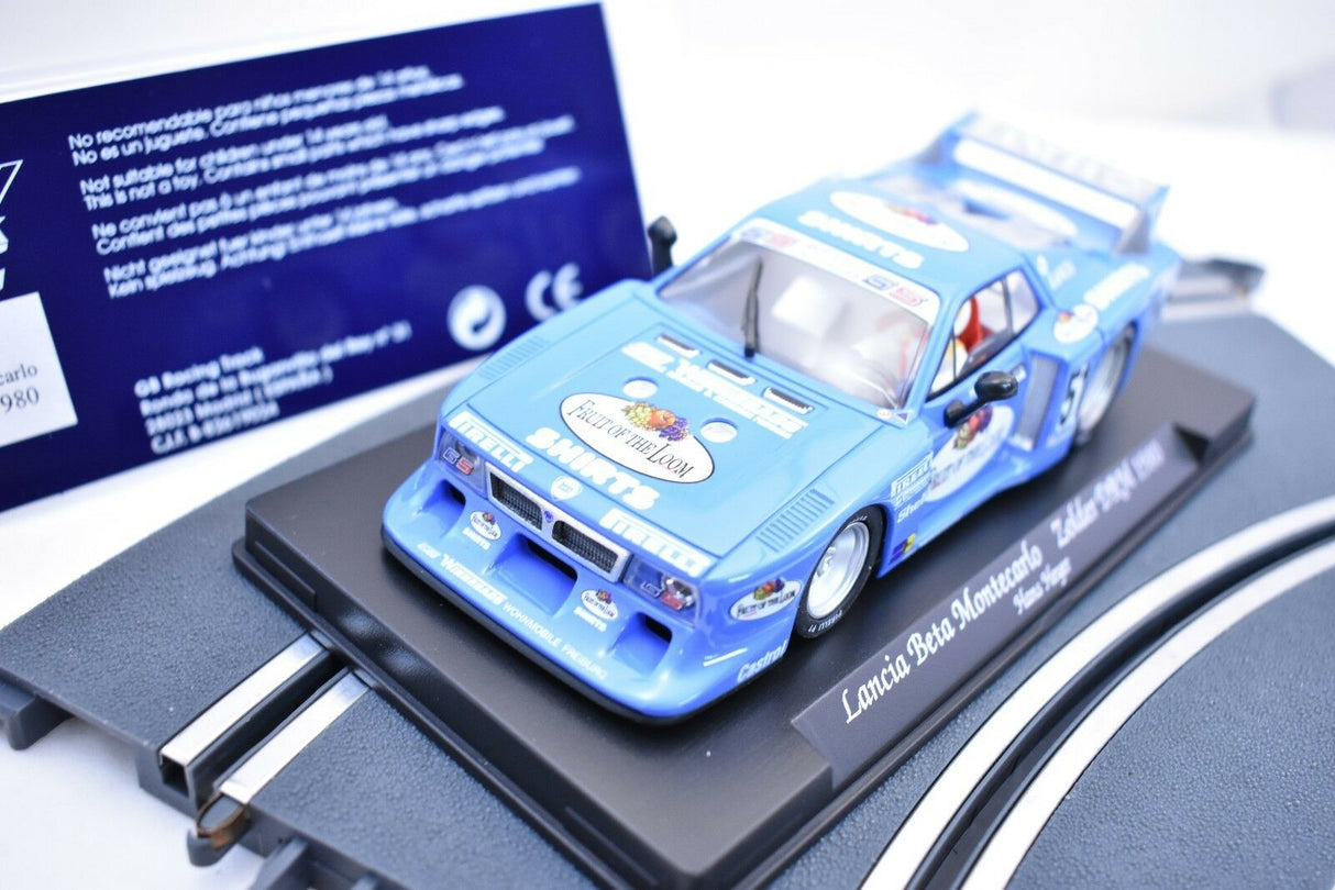 Blue slot car replica of a Lancia Beta Montecarlo for Fly Car GB35L