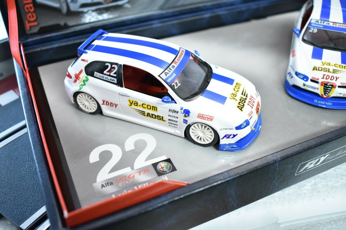 Slot car of a white Alfa Romeo 147 GTA race car for Fly Car 96042