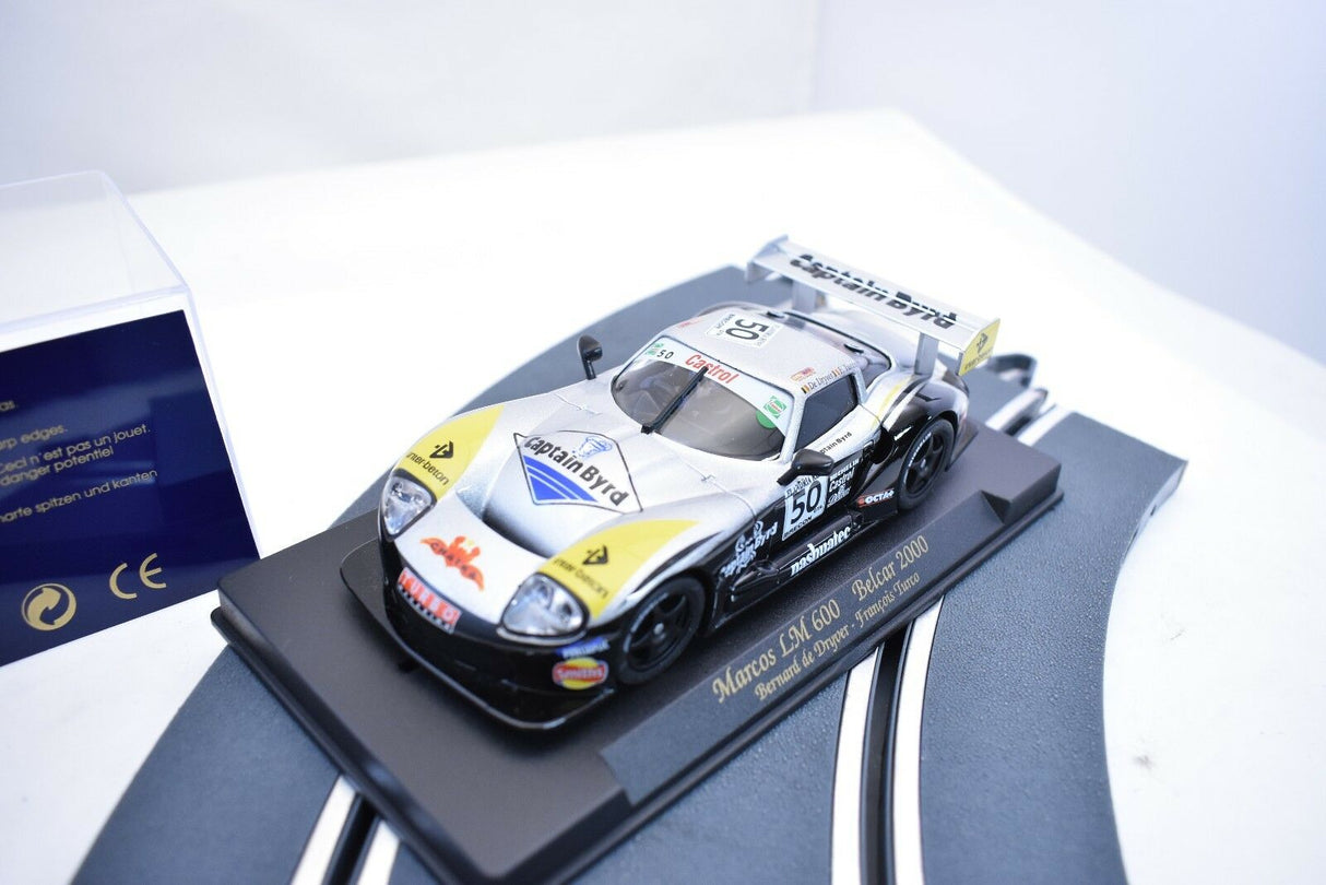 White and black race car model on a display stand for Fly Car 88004