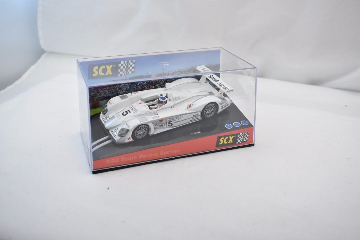 White Audi R8 model car in box, 1:32 scale racing system for SCX Analog 61300