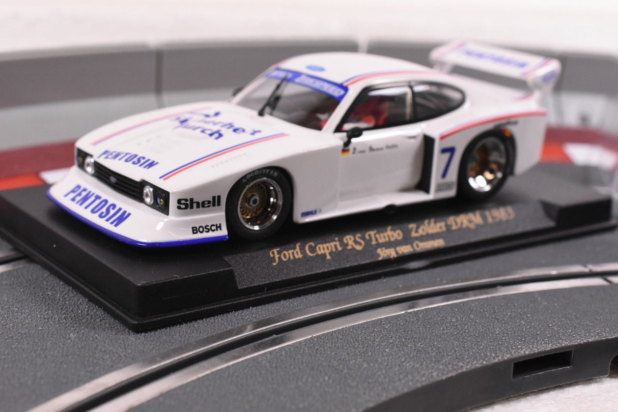 White model car of a 1983 Ford Capri RS Turbo on a display base for Fly Car 88027, rear view