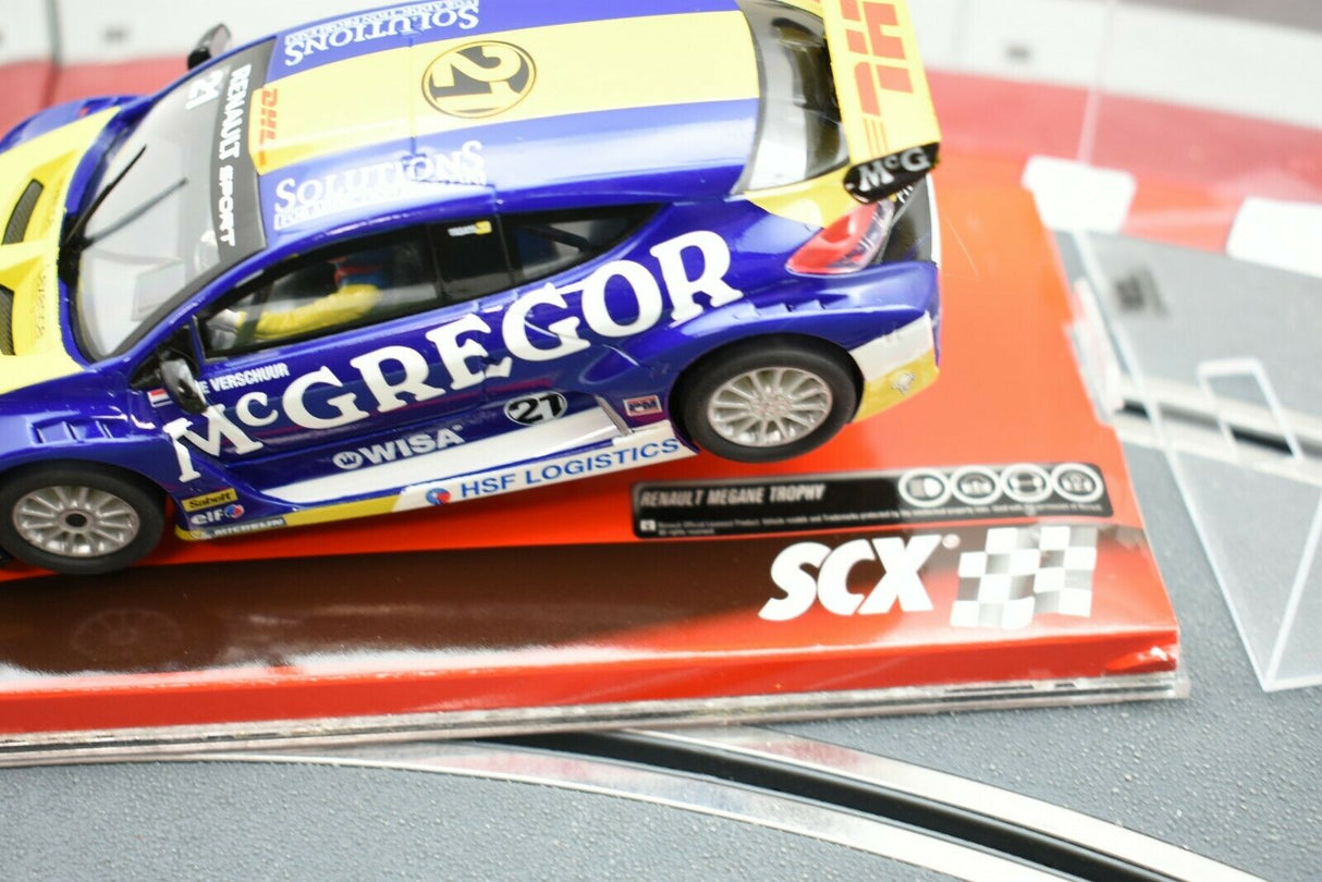 Blue and yellow race car model on a red display base for SCX A10151X3U0