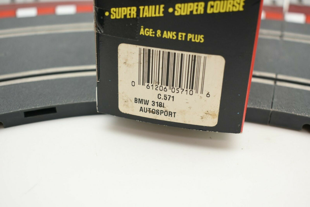 Product box for BMW 3181 Autosport track set, showing barcode and age recommendation for Scalextric C.571