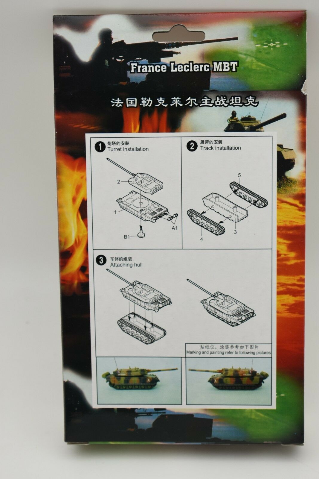 Assembly guide for France Leclerc MBT model kit, showing steps for turret, track, and hull attachment for MiniHobby 82107