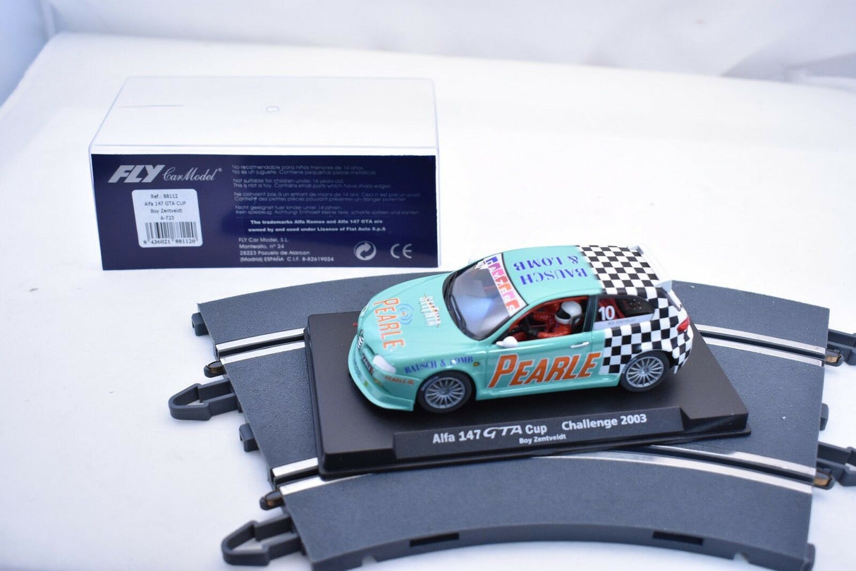 Slot car, Alfa 147 GTA Cup, Boy-Zentveldt, on a display base for Fly Car 88112