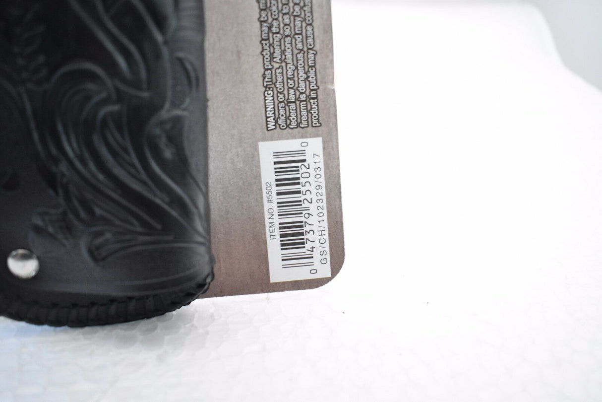 Black pistol holster with visible product information label for Parris Toys 5502