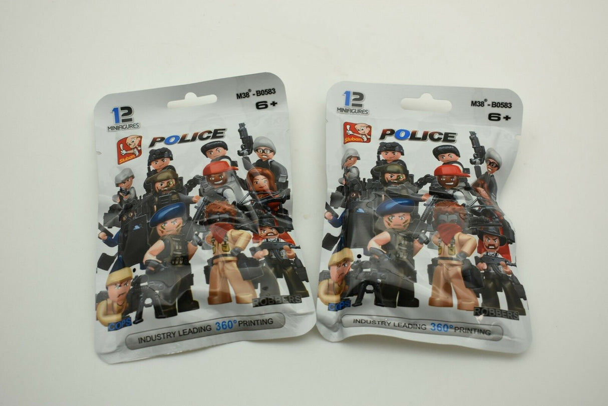Two packages of police and robber minifigures for building sets for Sluban M38-B0583