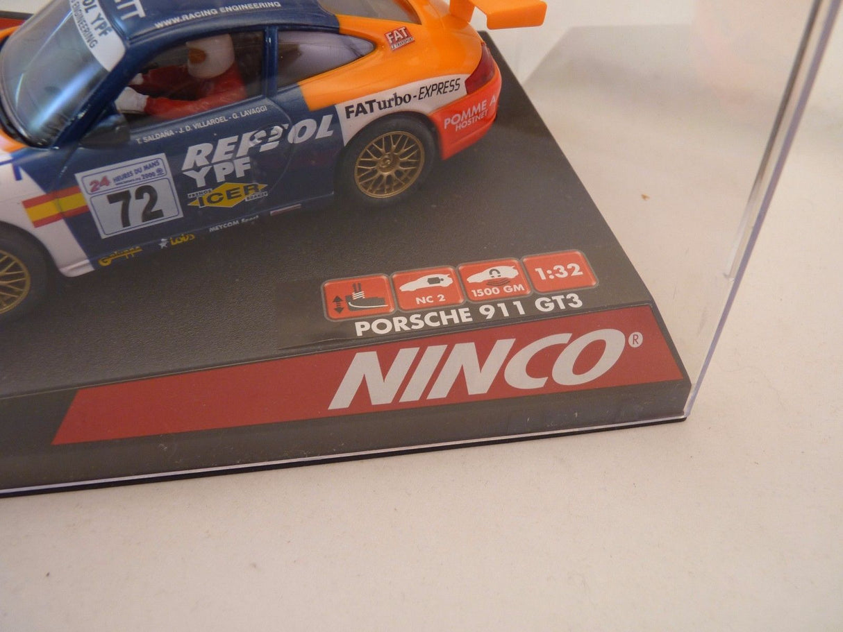Slot car of a Porsche 911 GT3 R in Repsol livery for Ninco 50240