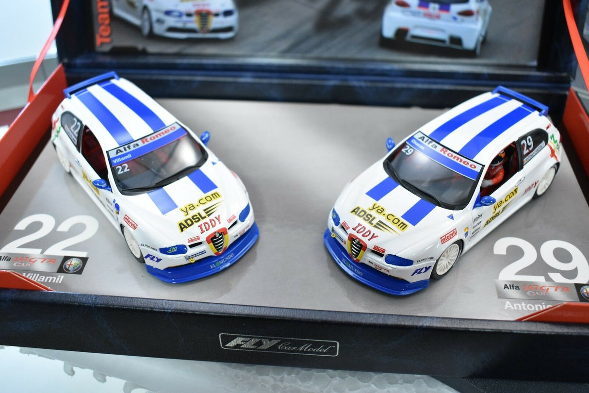 Two slot car Alfa Romeo race cars, one marked 22 and one marked 29 for Fly Car 96042