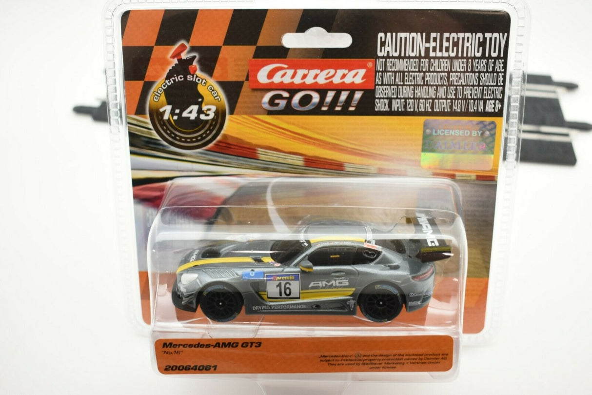 Silver Mercedes-AMG GT3 race car toy in clear plastic packaging for Carrera Go 20064061