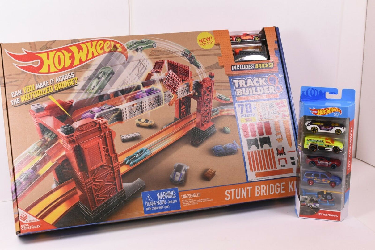 Hot Wheels Stunt Bridge Kit box with track pieces and cars for Mattel DWW97