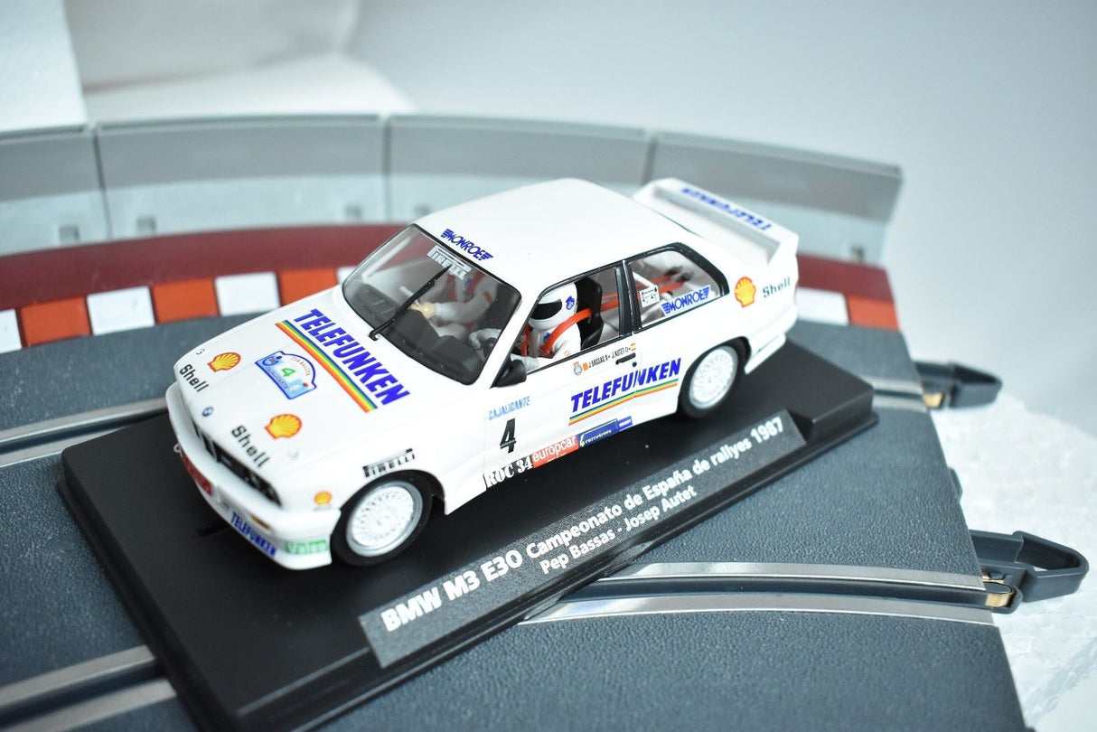 White model car, BMW M3 E30, on a display base for Fly Car 88203