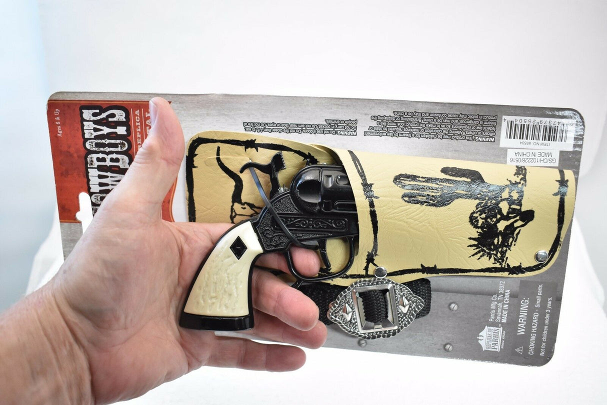 Holster set for a handgun, shown in a hand for Parris Toys 5504