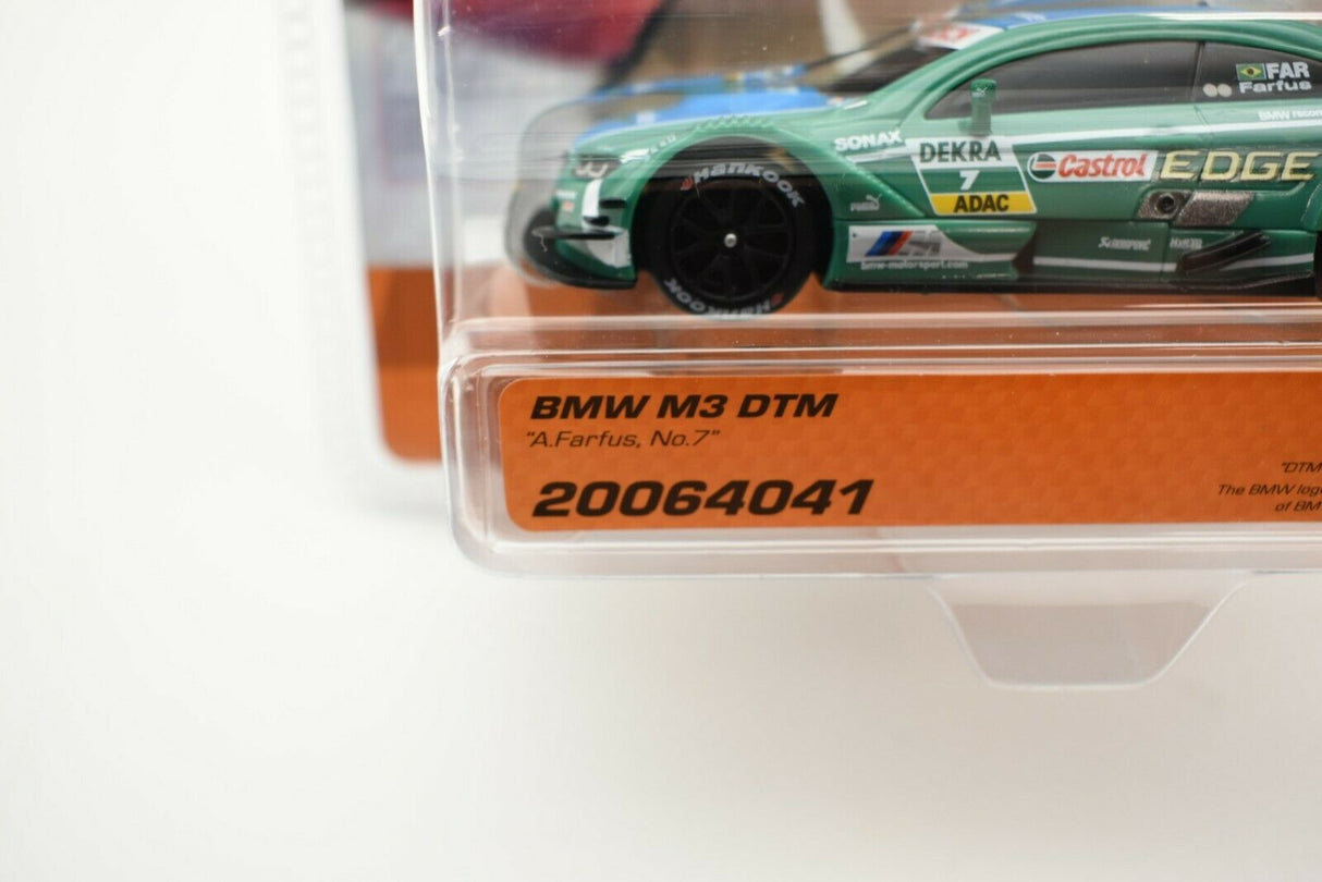 Slot car BMW M3 DTM model car, green and black, with "A. Farfus, No. 7" printed below for Carrera Go 20064041