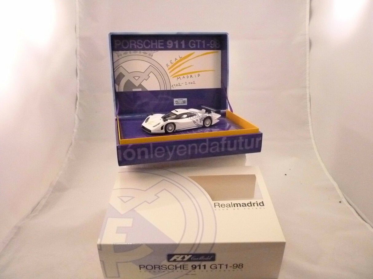 Slot car of a Porsche 911 GT1-98 with Real Madrid livery for Fly Car RM01