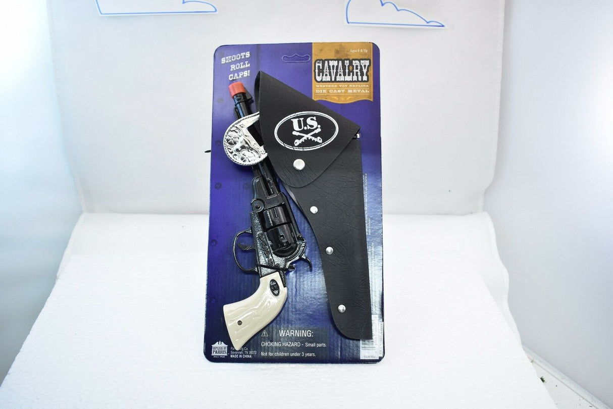Toy revolver and holster set, black and silver, displayed on packaging for Parris Toys 0652