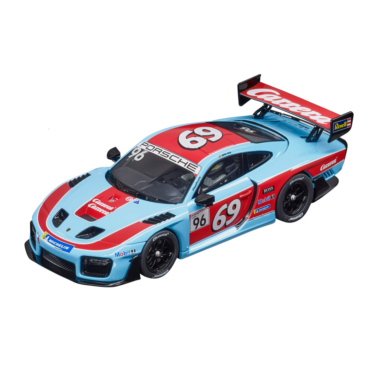 Blue and red Porsche race car model with "96" and "69" markings for Carrera 27625