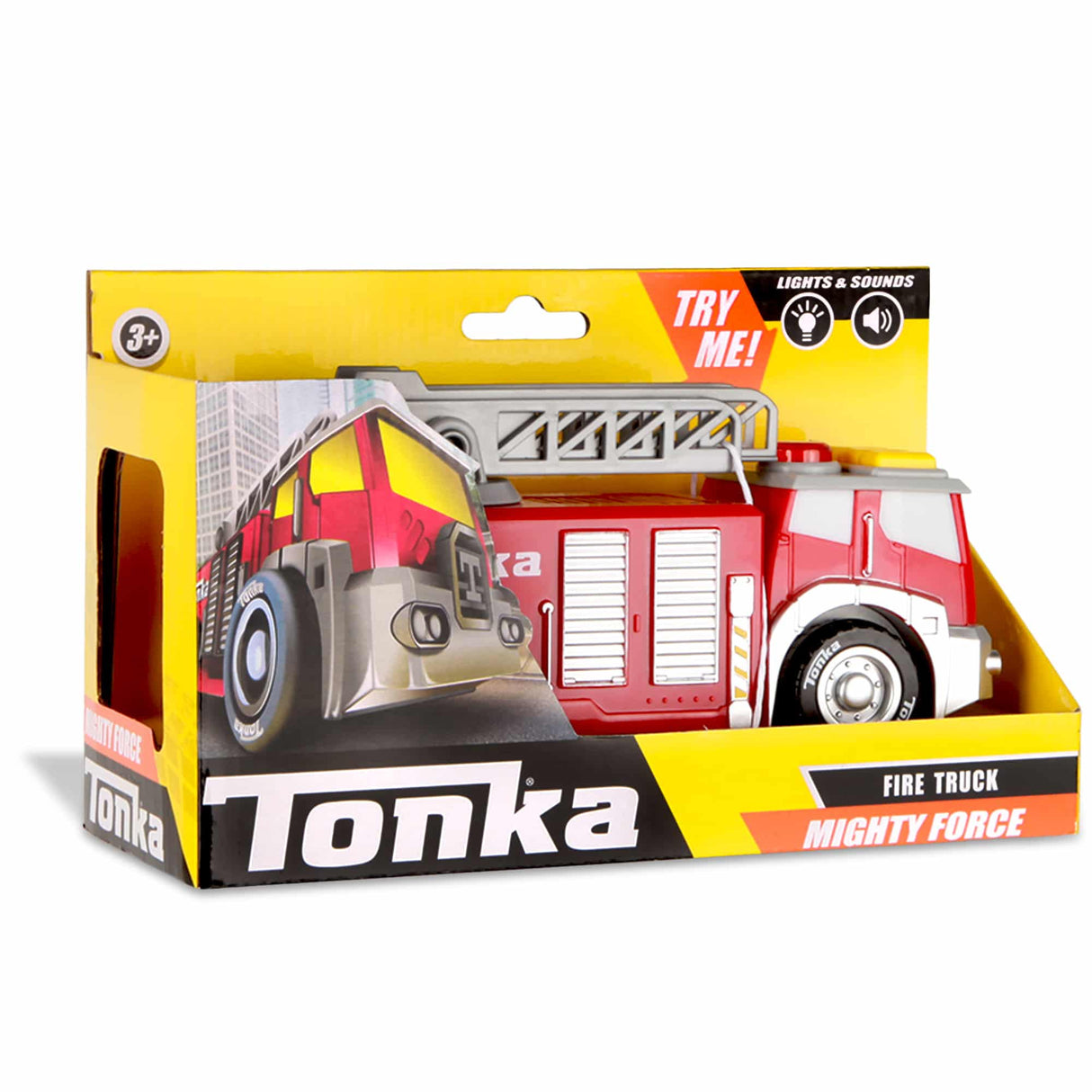 Toy fire truck and construction vehicle set in open box for Schylling 6000