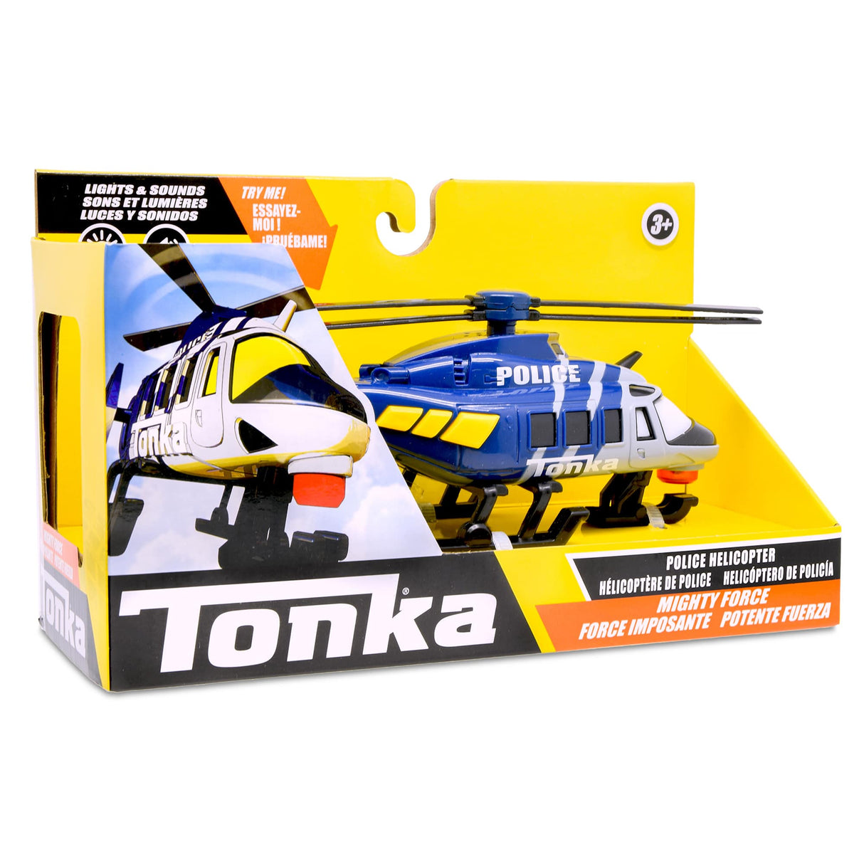 Toy helicopter and police vehicle set in a yellow and black box for Schylling 6000