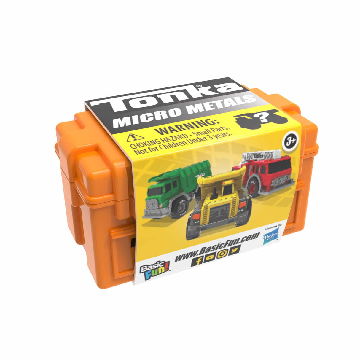 Toy set box featuring construction vehicles: dump truck, excavator, and fire truck for Schylling 6040