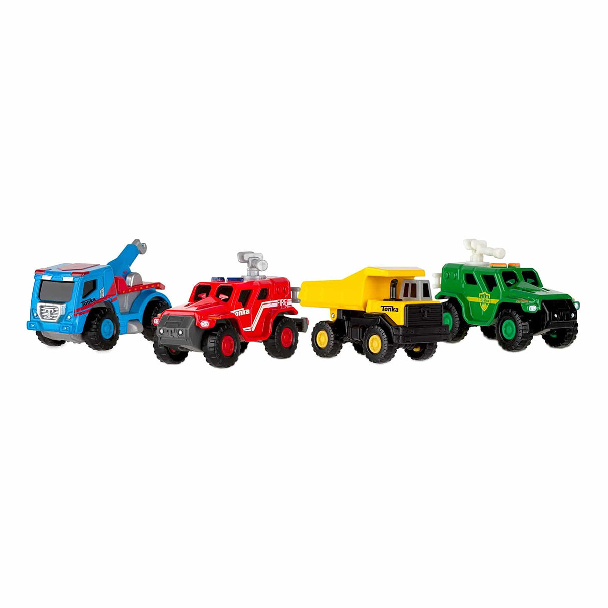 Set of four metal toy vehicles: blue truck, red tow truck, yellow loader, and green rescue vehicle for Schylling 6050
