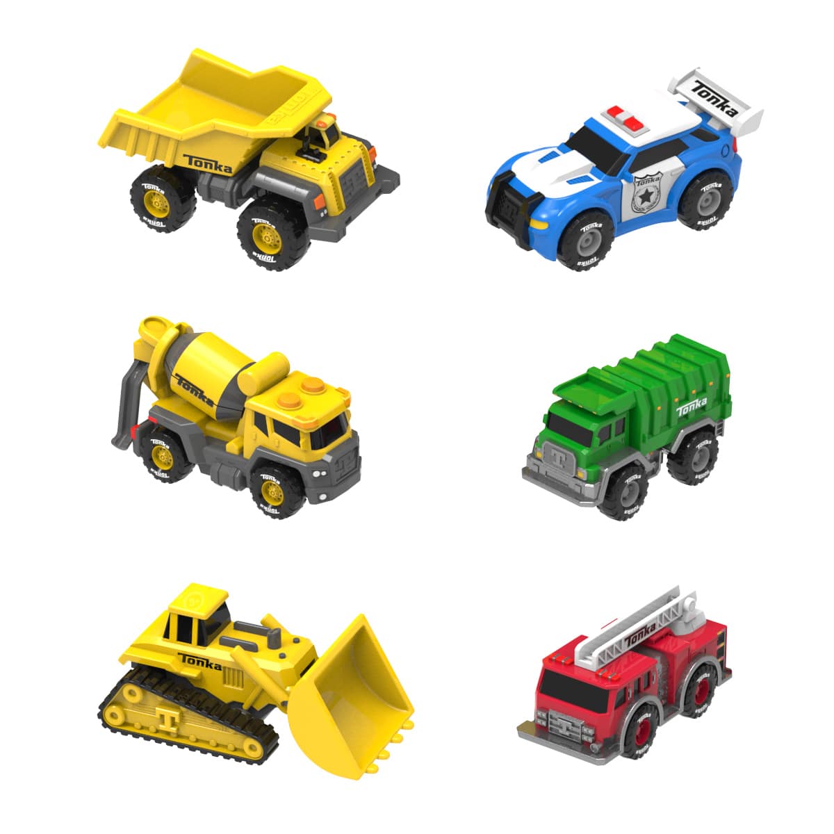 Assortment of toy construction vehicles: loader, dump truck, police car, and more for Schylling 6055